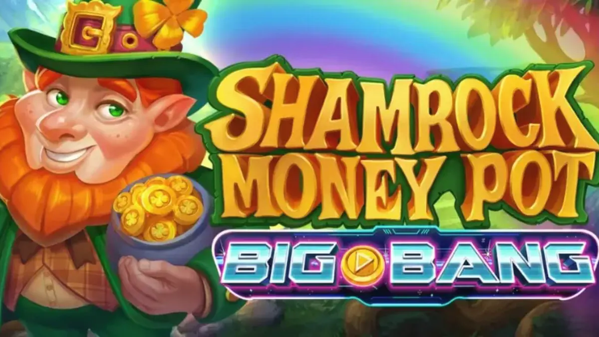 Tampilan visual slot Shamrock Money Pot Big Bang dengan latar belakang perbukitan hijau dan simbol keberuntungan.