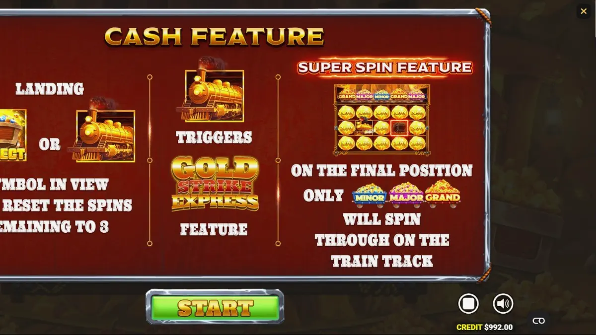 Tampilan antarmuka slot Gold Strike Express dengan tema tambang emas