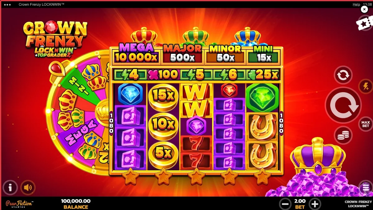 Tampilan visual mewah slot Crown Frenzy LockNWin dengan simbol mahkota dan permata