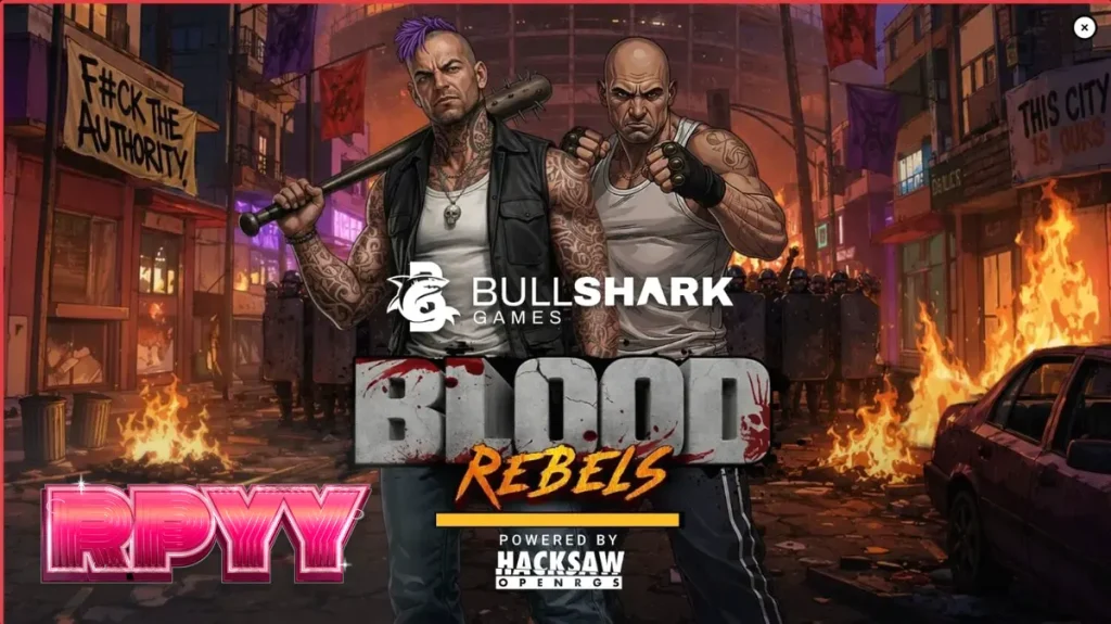 Tampilan antarmuka seluler slot Blood Rebels dengan tema urban yang intens