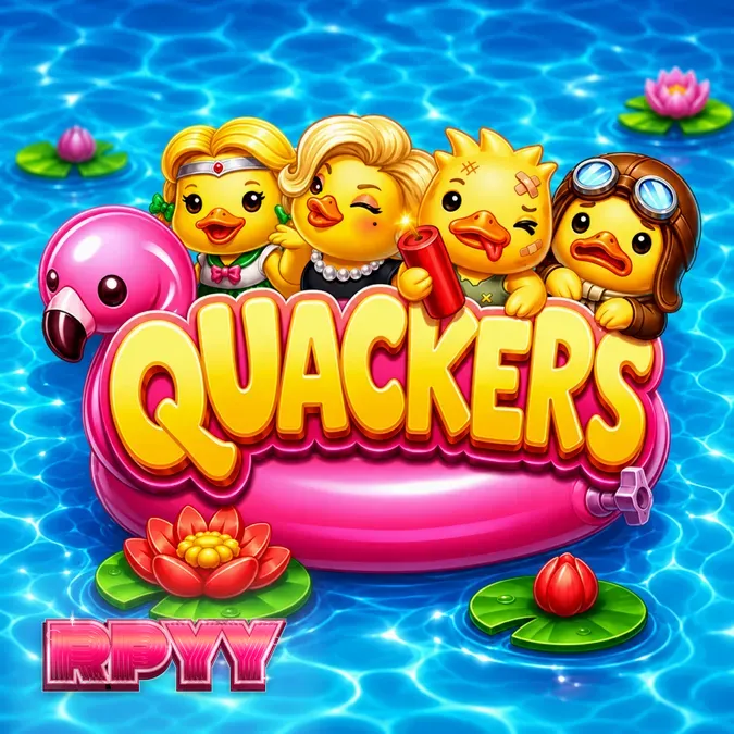 Tampilan visual slot Quackers dengan karakter bebek dan grid cluster pays